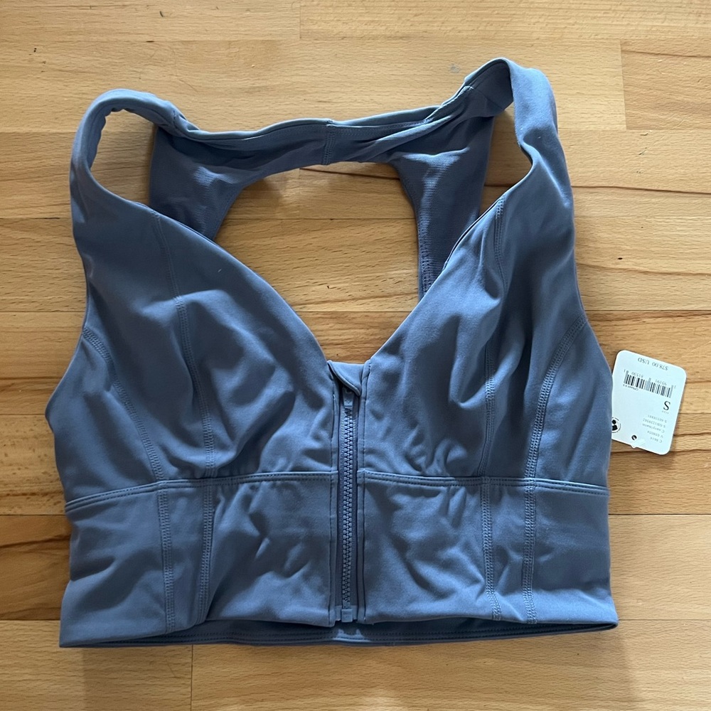 Free People Front-Zip Sports Bra in Slate Blue
